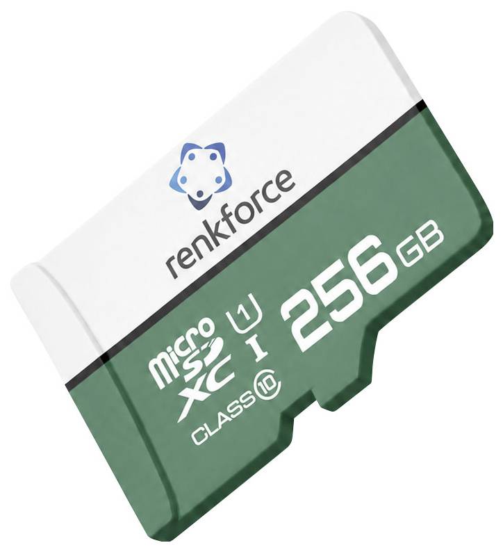 Eine Renkforce 256GB microSDXC-Speicherkarte auf weißem Hintergrund.