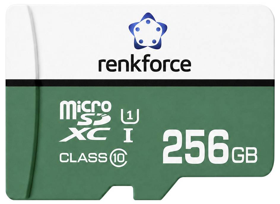 Renkforce 256GB microSDXC UHS-I Class 10 Speicherkarte Paket von vorne gezeigt.