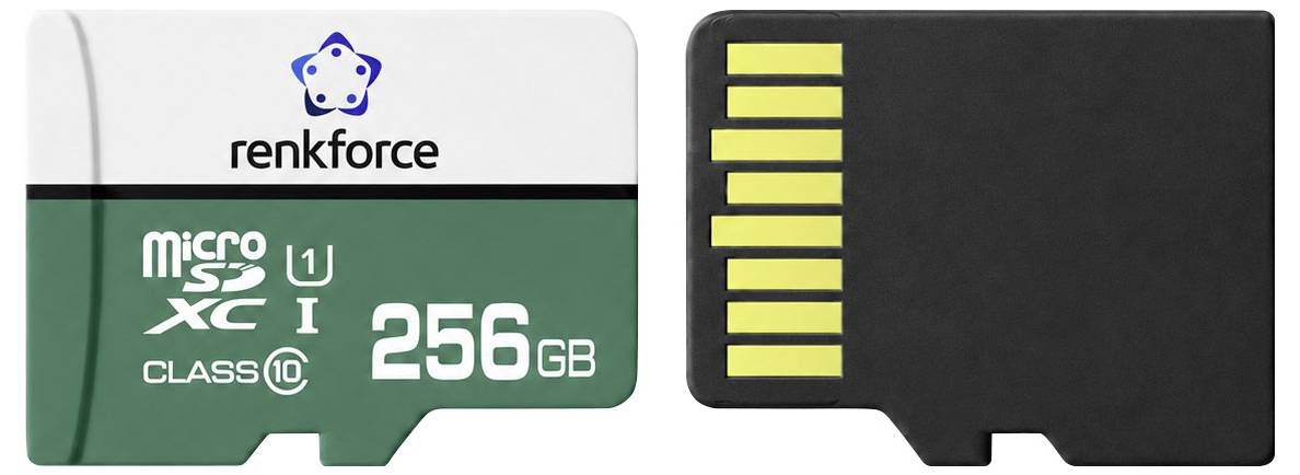 Zwei microSD-Speicherkarten: eine 256GB Renkforce microSDXC Class 10-Karte und eine schwarze Karte mit goldenen Kontaktstiften.