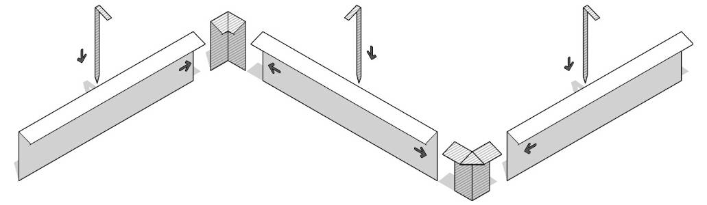 Diagramm von faltbaren Segmentpaneelen, die durch Scharniere an den Ecken verbunden sind und Pfeile zeigen, die das Anheben und Senken der verbundenen Segmente andeuten.