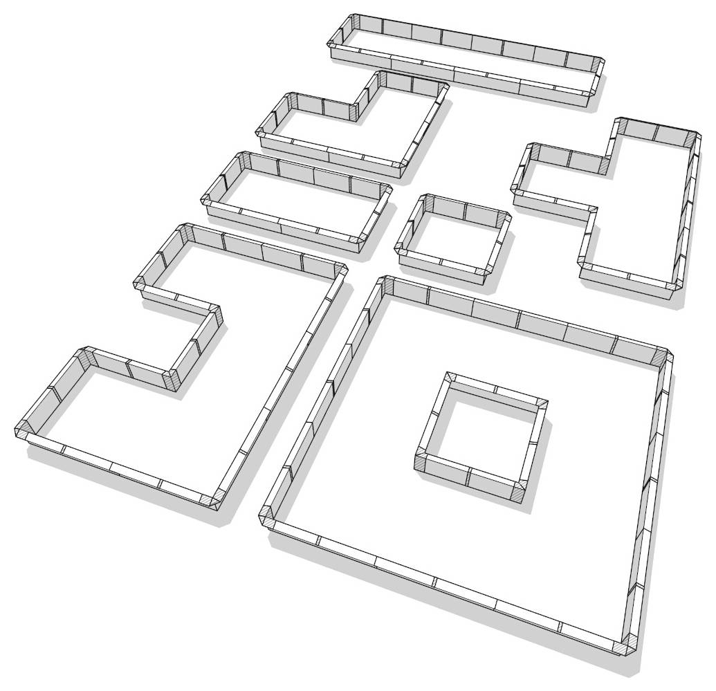 Isometrisches Diagramm mehrerer unverbundener Wandumrisse, die Raumlayouts oder Gebäudegrundriss-Abschnitte auf weißem Hintergrund bilden.