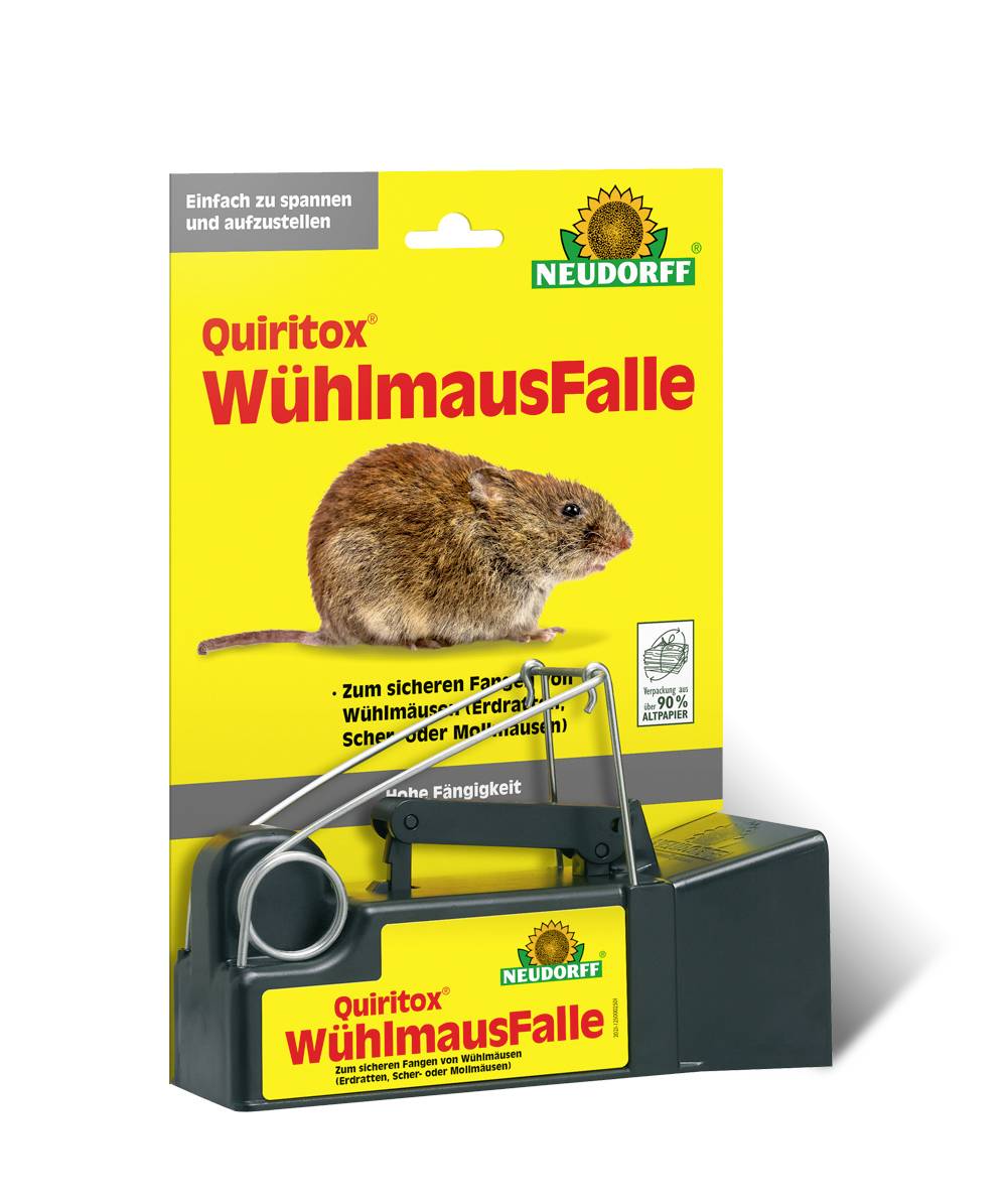 Neudorff Quiritox Mausefalle Verpackung, zeigt eine Maus und das Fallengerät vorne, mit deutschem Produkttext auf einer gelben Schachtel.