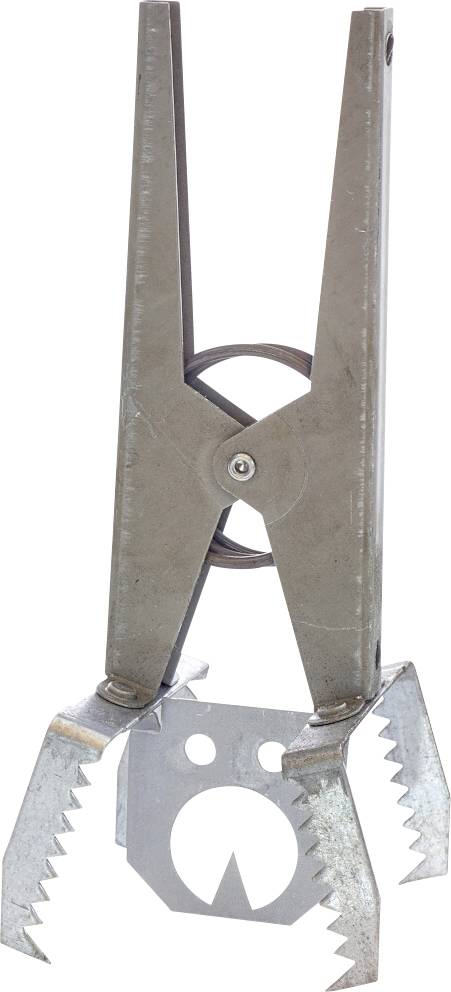 Metallische Federklemme mit gezahnten Backen und einer kreisförmigen Ausnehmung, isoliert auf weißem Hintergrund dargestellt.