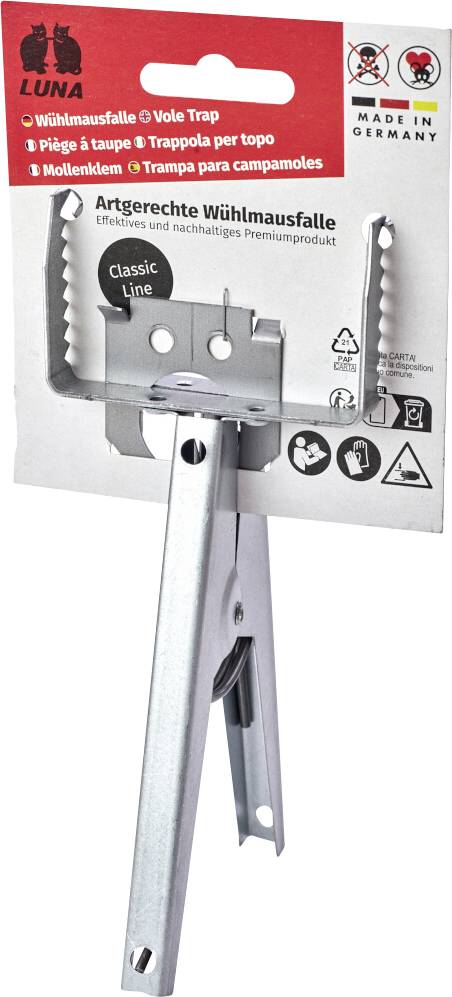 Verpackte Metallwühlmauscfalle von LUNA, hängend auf einer Einzelhandelsdisplaykarte, beschriftet mit „Classic Line