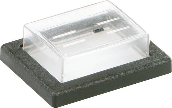 Transparente Kunststoffkappe auf einer schwarzen rechteckigen Basis, die eine kleine elektronische Komponente oder einen Sensor im Inneren zeigt.