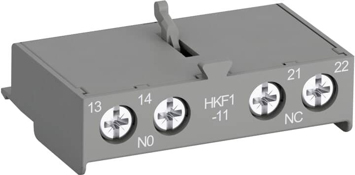 Graues Elektrosteckmodul mit Bezeichnung HKF1-11 mit Anschlüssen 13, 14, 21 und 22, gekennzeichnet mit NO und NC.