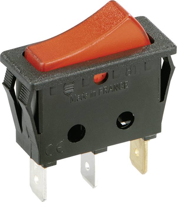 Roter Wippschalter mit Ein-/Aus-Funktion, drei Metallklemmen, schwarzes rechteckiges Gehäuse, beschriftet mit „Made in France