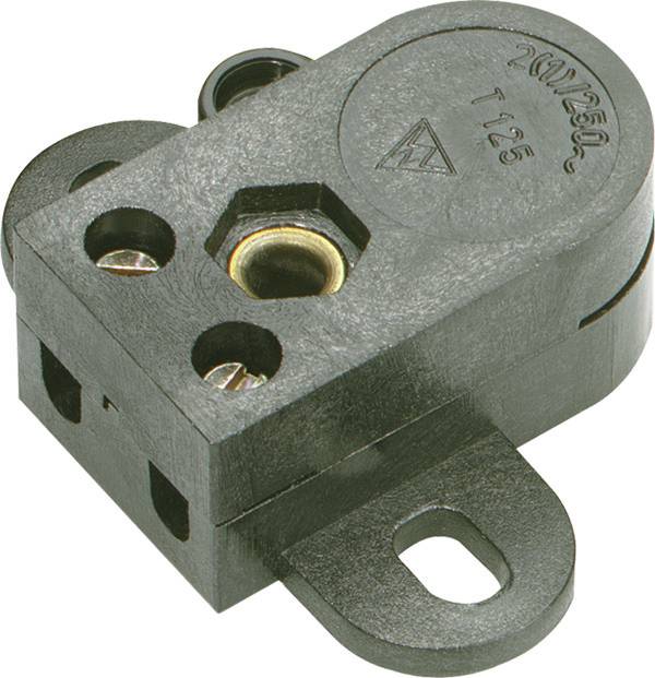 Schwarzer Kunststoff-Elektrosensor/Stecker mit zwei Schraubenlöchern und einer Montagelaschen auf weißem Hintergrund.