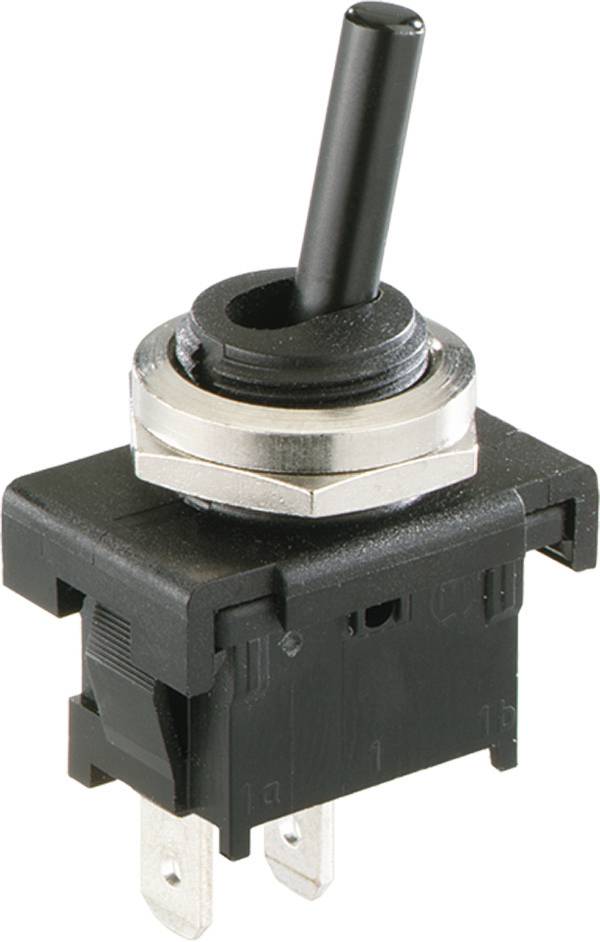 Schwarzer Schalter zum Aufbau mit Umschalthebel, Metallgewinde-Überwurfmutter und zwei sichtbaren elektrischen Anschlüssen.