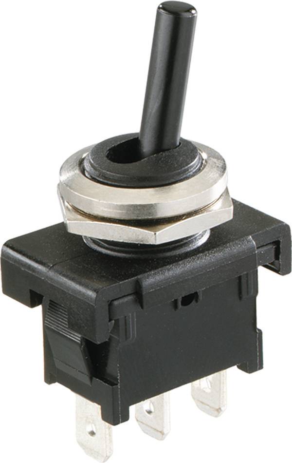 Nahaufnahme eines schwarzen Kippschalters mit einem Metallhebel und drei elektrischen Anschlüssen auf weißem Hintergrund.