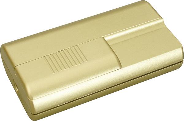 Goldenes rechteckiges Kompaktgehäuse mit gerilltem Deckel, geschlossen auf weißem Hintergrund dargestellt.