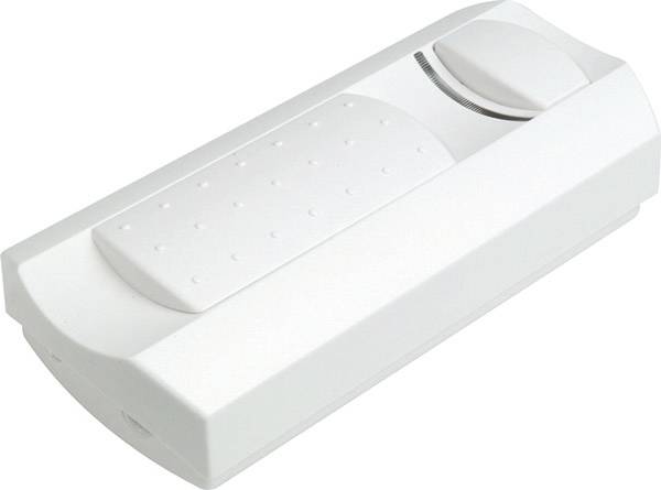 Weißes elektronisches Gerät mit großem strukturiertem Druckknopf und gekrümmtem Wählschalter, isoliert auf weißem Hintergrund dargestellt.