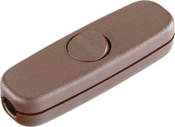 Brauner Inline-Schalter mit zentralem rundem Druckknopf auf weißem Hintergrund.