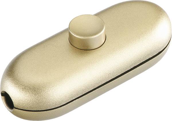 Goldenes ovales tragbares Gerät mit einem runden Knopf oben und einer kleinen Öffnung an einem Ende, auf weißem Hintergrund gezeigt.