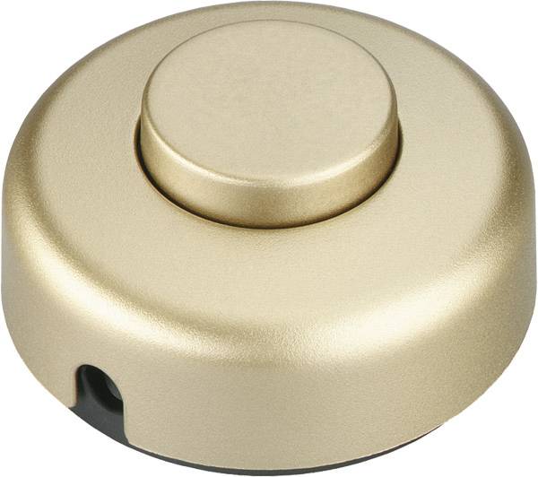 Goldfarbiger rotary-Dimmerschalter mit rundem Drehknopf und seitlicher Kerbe, auf weißem Hintergrund dargestellt.