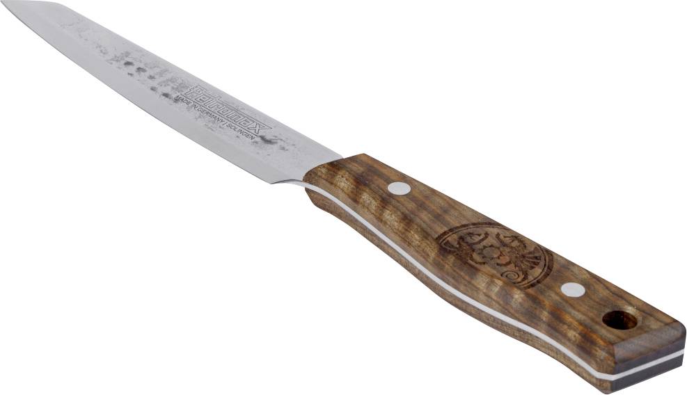 Edelstahlküchenmesser mit Holzgriff, auf weißem Hintergrund gezeigt.