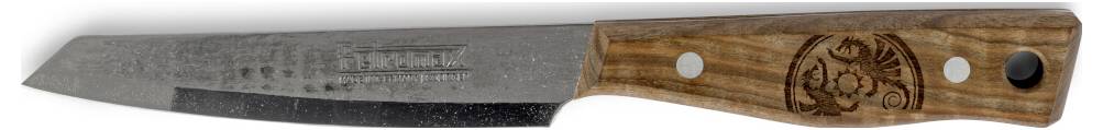 Ein Kochmesser mit dunkler Stahlklinge und Holzgriff, shown side view on a white background.