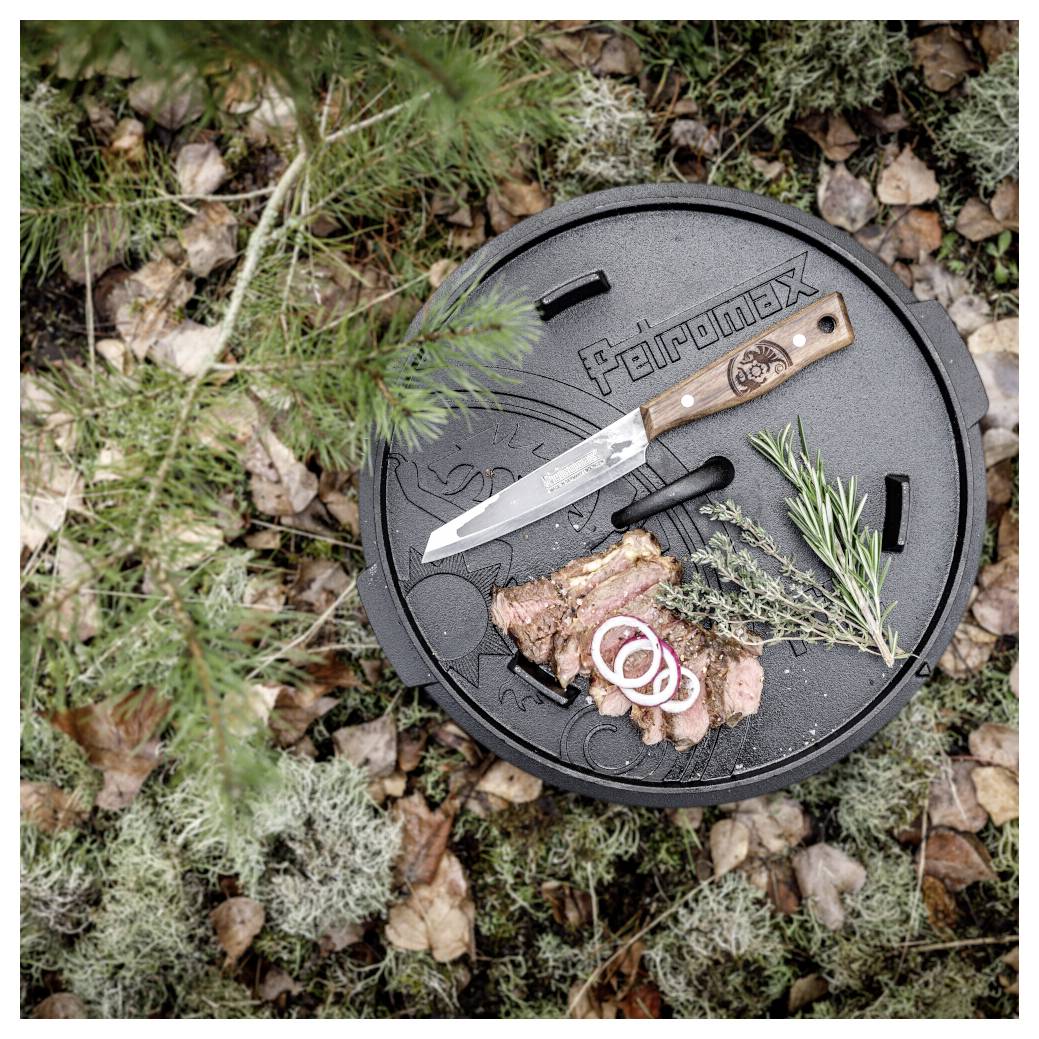 Outdoor-Kochplatz mit geschnittenem gegrilltem Fleisch, Zwiebeln, Kräutern und einem Messer auf einer runden Gusseisen-Grillplatte in einer Waldumgebung.