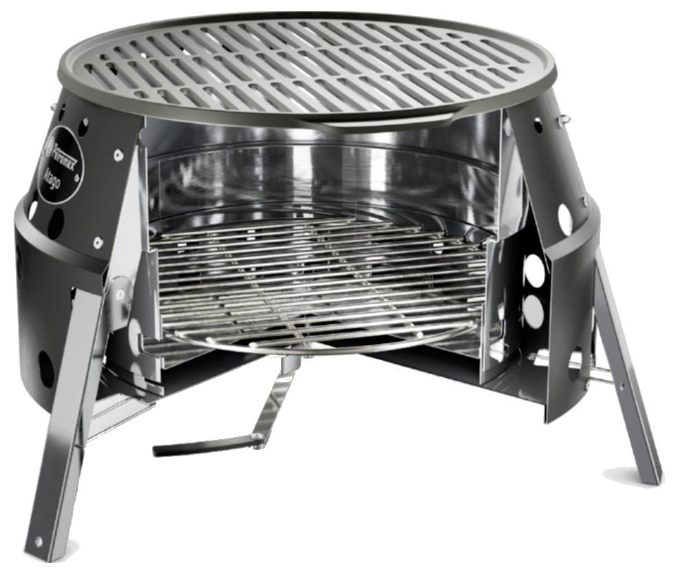 Tragbarer Schwarzmetall-Grill mit runder Kochplatte, offener Vorderseite und ausgeklappbaren Beinen auf weißem Hintergrund.