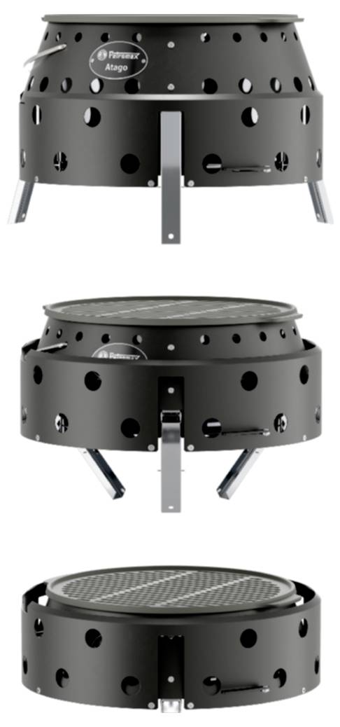 Drei Ansichten eines schwarzen runden Metallofens oder Grills mit Lüftungslöchern, einem Gitterrost oben, einer vorderen Öffnung und Klappbeinen.