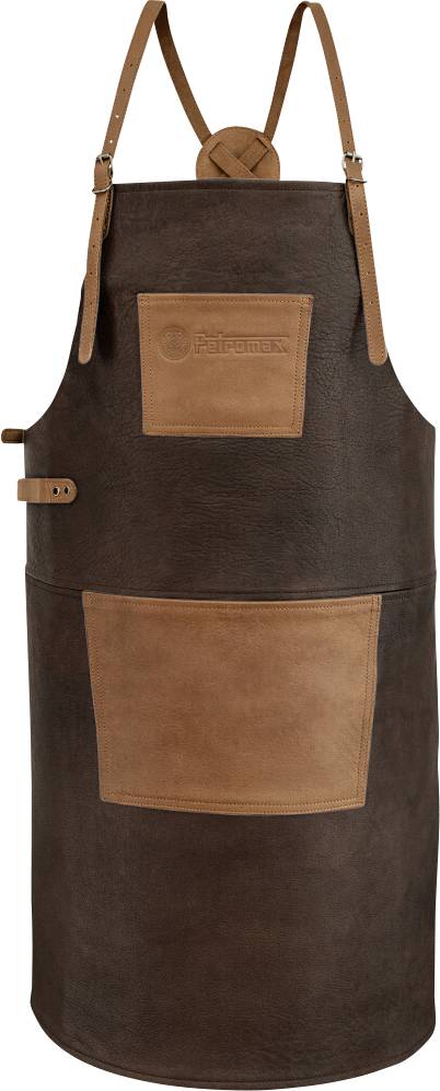 Braune und beige Lederhandschuhe mit Hals- und Taillenriemen, vorderer Brustentasche und großer unterer Tasche auf weißem Hintergrund.