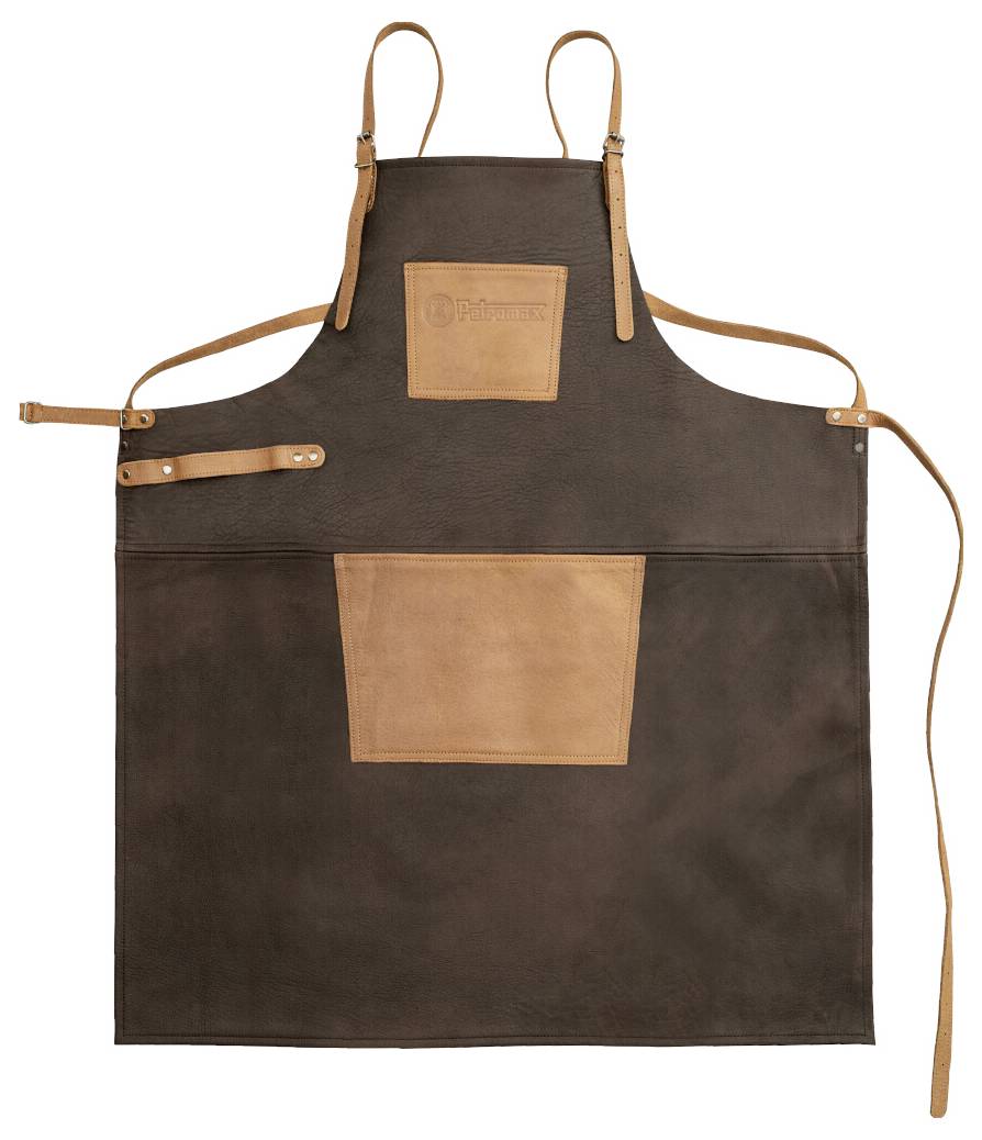 Braune und beige Lederschürze mit verstellbaren Riemen und vorderen Taschen, gezeigt auf weißem Hintergrund.