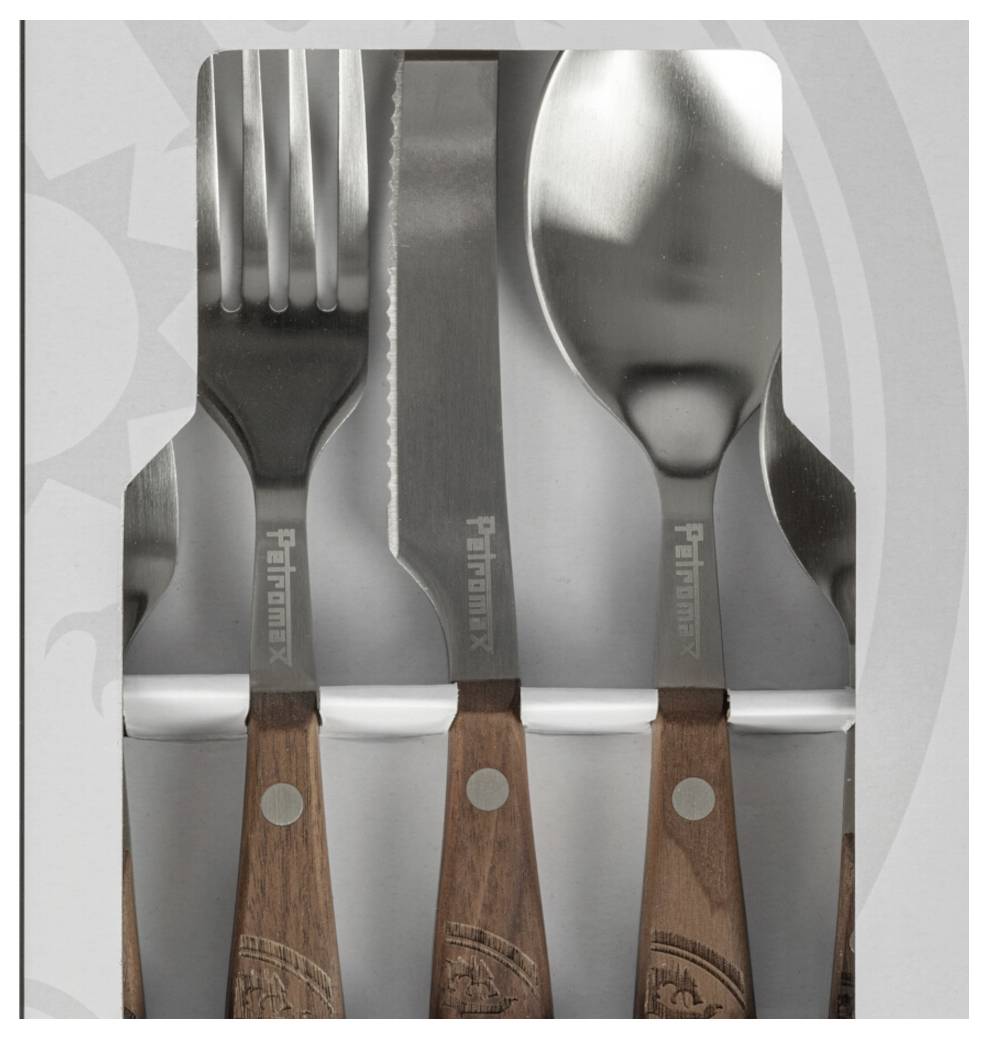 Set aus Edelstahlbesteck mit Holzgriffen, bestehend aus Gabel, Messer und Löffel in Verpackung.