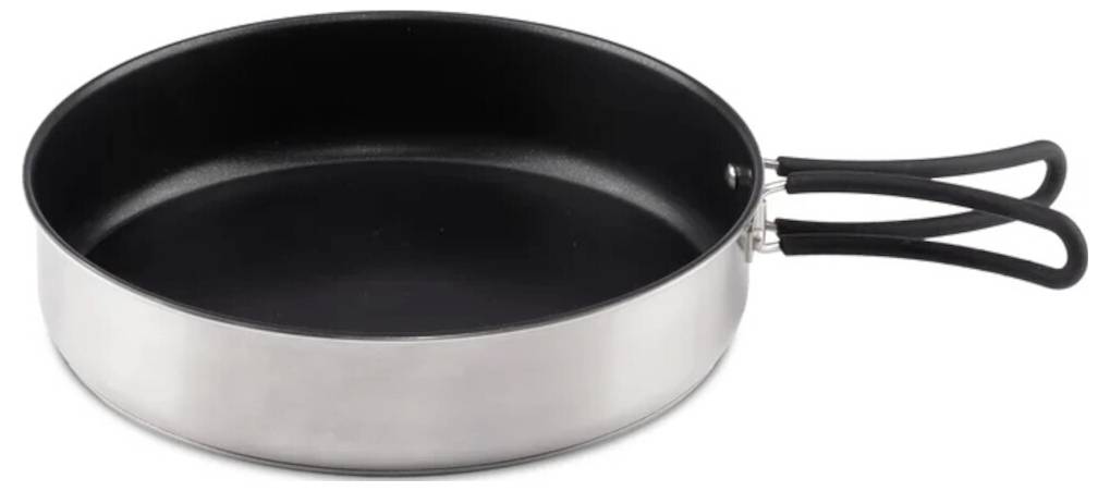 Flache Edelstahlbratpfanne mit schwarzem Antihaft-Innenbelag und zwei schwarzen Schleifengriffen