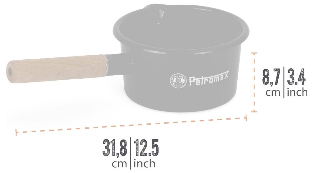 Schwarzer Petromax-Topf mit Holzgriff, gezeigt mit Abmessungen: 31,8 cm breit und 8,7 cm hoch (12,5 x 3,4 Zoll).