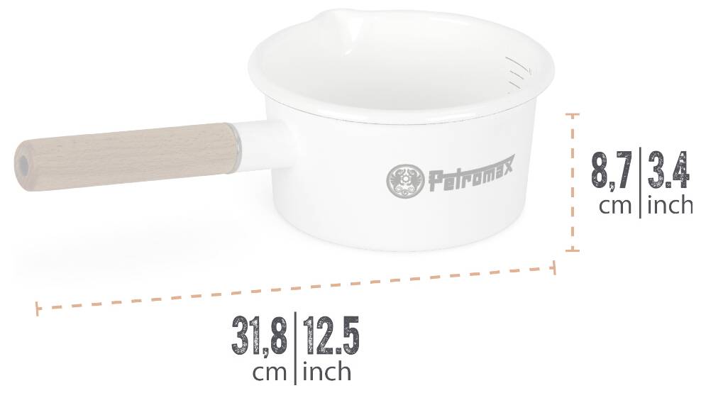 Weiße Petromax-Pfanne mit Holzgriff, dargestellt mit Abmessungen: 31,8 cm lang und 8,7 cm hoch, beschriftet in cm und Zoll.
