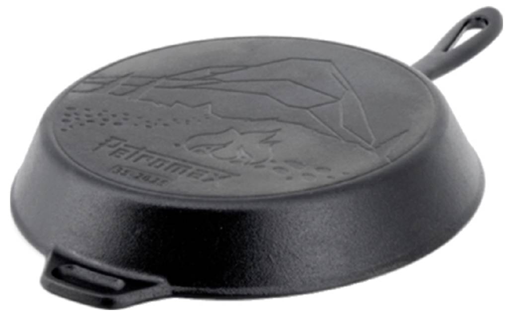 Runde Gusseisen-Bratpfanne mit Griff und Aufhängeschleife, dargestellt geschlossen oder umgestülpt mit geprägtem Logo auf der Deckeloberfläche.