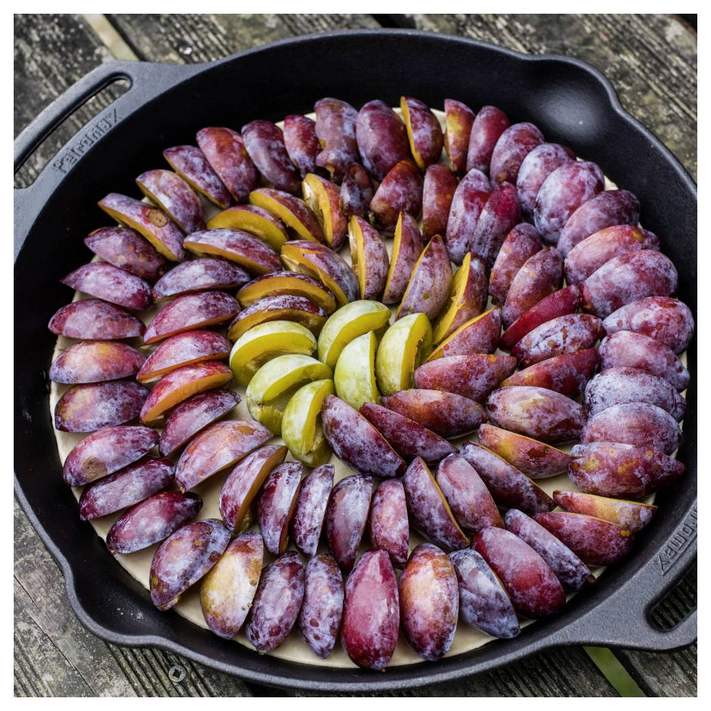 Eine gusseiserne Pfanne gefüllt mit aufgefächerten Scheiben von violetten und gelben Pflaumen, die in einer Spirale angeordnet sind.