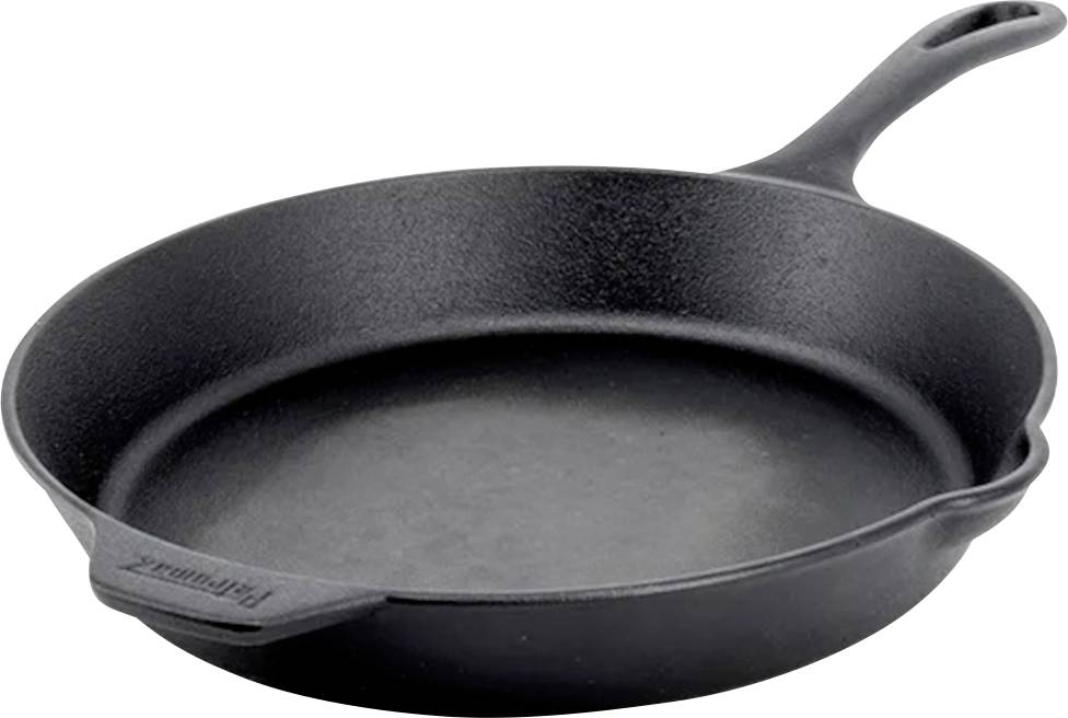 Schwarze Gusseisen-Bratpfanne mit Griff, leer auf weißem Hintergrund dargestellt.