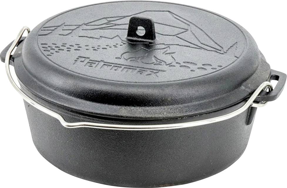 Schwarzer gusseiserner Bräter mit passendem Deckel, Seitengriffen und Drahtbügel, auf weißem Hintergrund abgebildet.