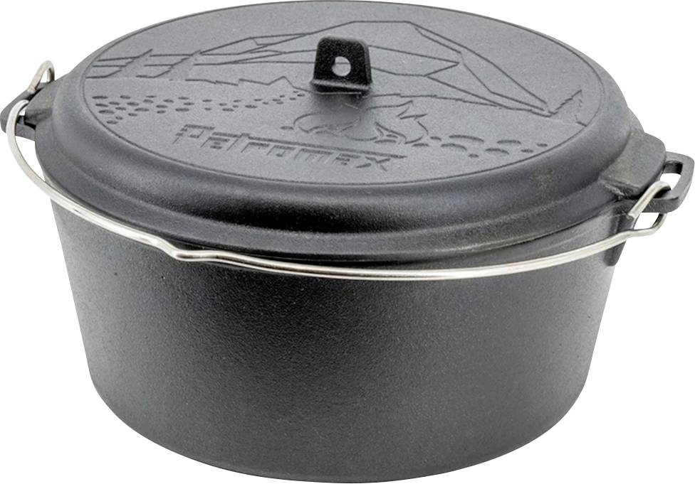 Schwarzer gusseiserner Bräter mit Deckel und Drahtgriff, dargestellt vor weißem Hintergrund.