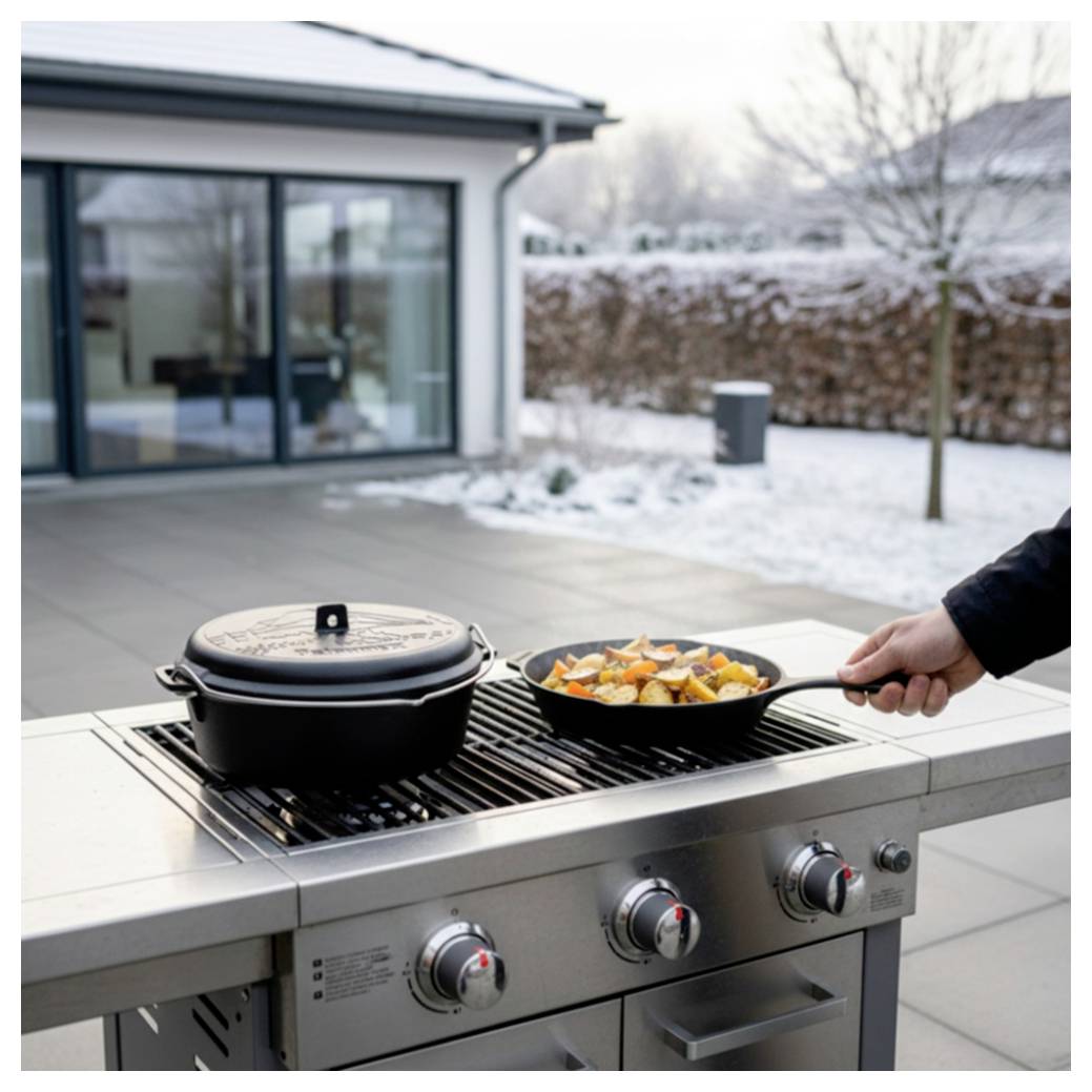 Tragbarer Gasgrill im Freien mit einem abgedeckten Topf und einer Pfanne mit Essen, die auf einer verschneiten Terrasse gekocht werden, mit einem Haus im Hintergrund.