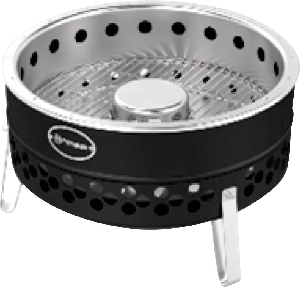 Tragbarer runder Holzkohlegrill mit schwarzem Körper, perforierten Lüftungsöffnungen, Metallrost und drei silbernen Beinen