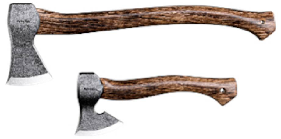 Zwei Handäxte mit Holzgriffen und Metallköpfen, dargestellt eine große und eine kleinere auf weißem Hintergrund.