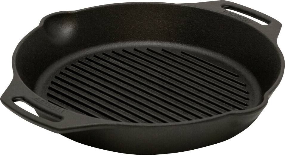 Schwarze Grillpfanne aus Gusseisen mit gerillter Kochfläche und zwei seitlichen Griffen, gezeigt auf weißem Hintergrund.