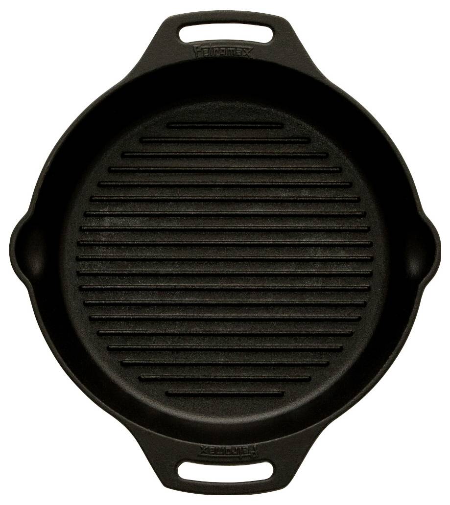 Schwarze runde Gusseisen-Grillpfanne mit zwei Griffen und gerillter Kochfläche, auf weißem Hintergrund dargestellt.