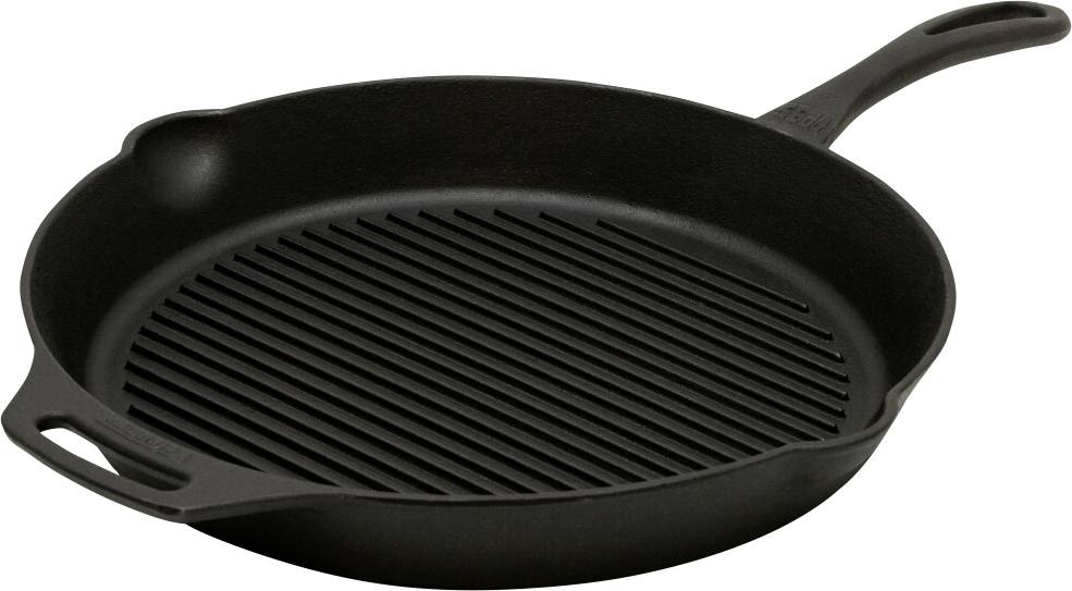 Schwarze gusseiserne Grillpfanne mit gerillter Kochfläche und zwei Griffen auf weißem Hintergrund.