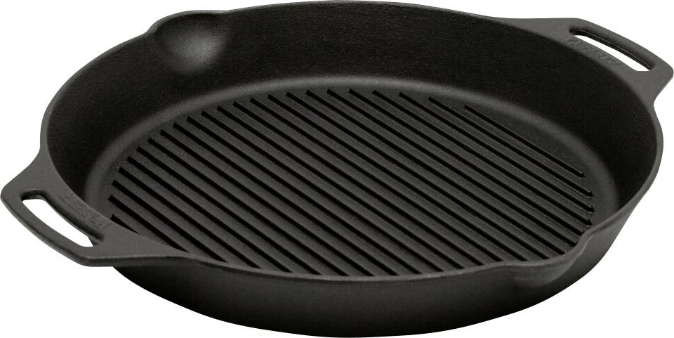 Schwarze Gusseisen-Grillpfanne mit zwei Griffen und gerillter Kochfläche, auf weißem Hintergrund dargestellt.