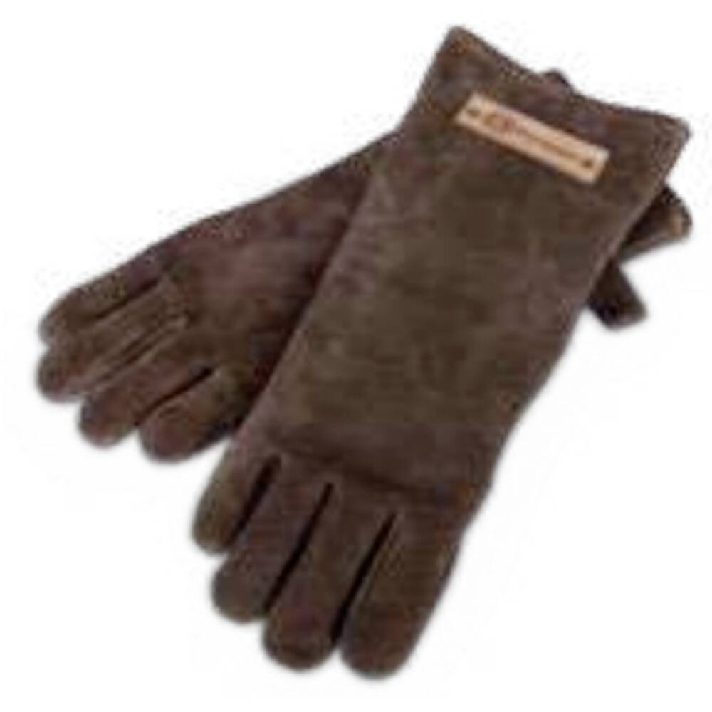 Paar braune Lederhandschuhe auf weißem Hintergrund mit einem kleinen Riemen-Etikett an einer Manschette.