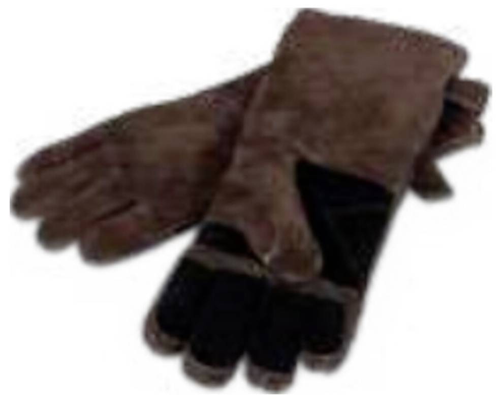 Paar braune Lederhandschuhe mit schwarzen Fingerspitzen, gestapelt auf weißem Hintergrund.