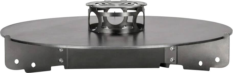 Runde Metallbasis mit einer erhöhten kreisförmigen Mittelplattform und ausgeschnittenen Stützen, von der Seite auf weißem Hintergrund gezeigt.