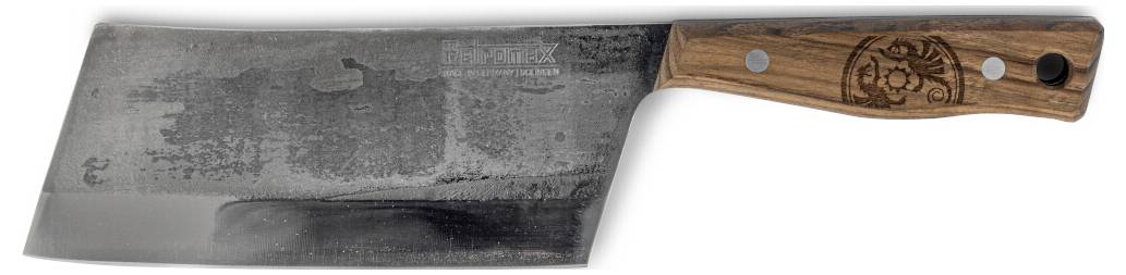 Großes Hackermesser mit breiter Metallklinge und Holzgriff, in Seitenansicht auf weißem Hintergrund dargestellt.