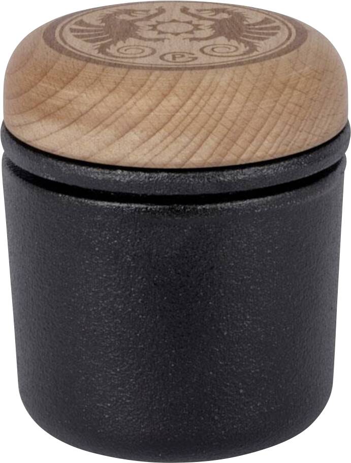 Schwarze isolierte Tasse mit Holzdeckel, graviert mit einem dekorativen Kompassrosen-Design.