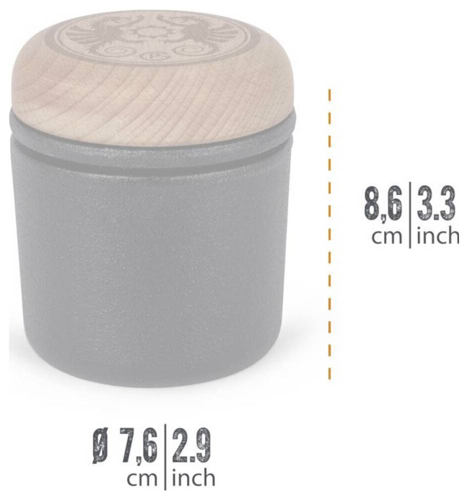 Kleiner grauer zylinderförmiger Behälter mit hellem Holzdeckel, gezeigt mit den Abmessungen 8,6 cm Höhe und 7,6 cm Breite
