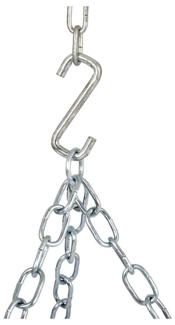 Ein Metallhaken, der mehrere schwere Ketten verbindet, zeigt eine Kettenaufhängung oder ein Hebezeug-Setup.