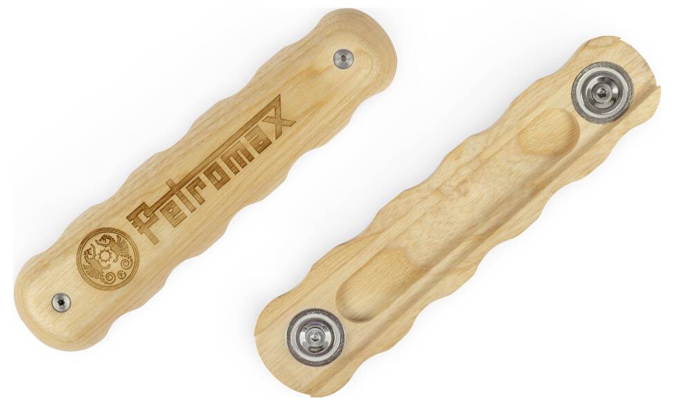 Zwei Ansichten eines Holz-Fingerboard-Decks mit Metallrad-Lagern, eine Seite graviert mit „Petcomex